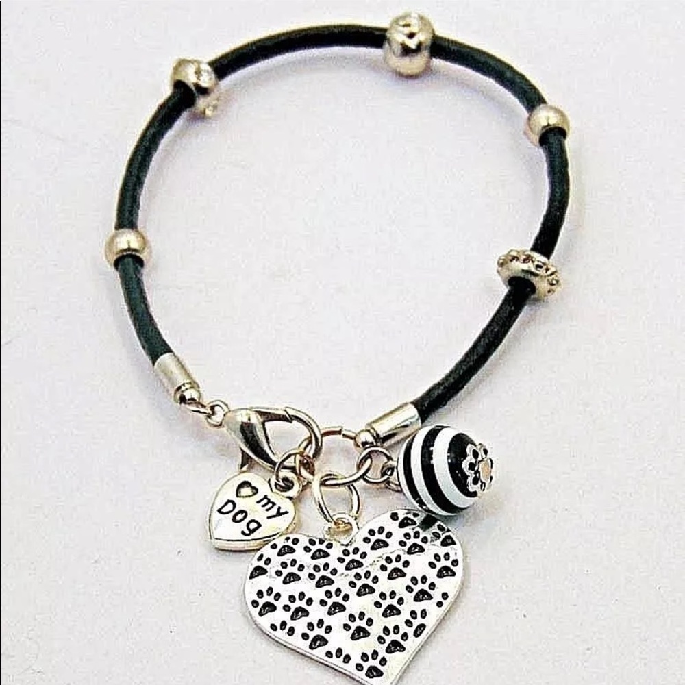 Paw Print Heart Charm Leather Bracelet Love My Dog